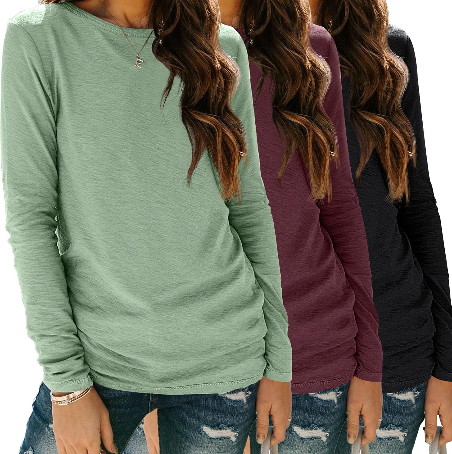 SUNBS Womens 3 Packs Long Sleeve Shirts Loose Fit Fall Tops Fashion Clothes 2025 Basic Workout Tees School Teacher Outfits