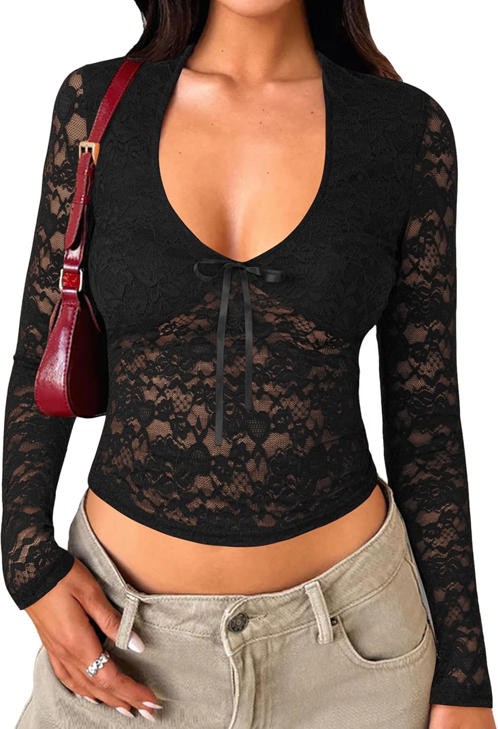 Womens Long Sleeve Going Out Tops Lace V Neck Mesh Crop Shirts Sexy Cute Y2K Fall Trendy Outfits 2025