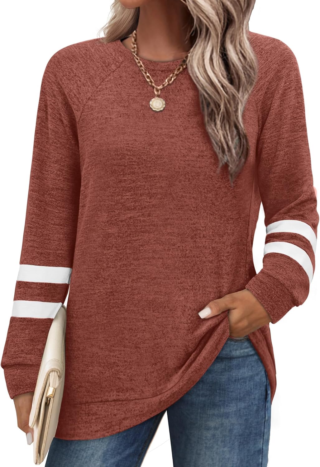 Saloogoe Tunic Sweatshirts for Women Crewneck Lightweight Sweaters Raglan Long Sleeve Shirts Fall Fashion Tops 2025