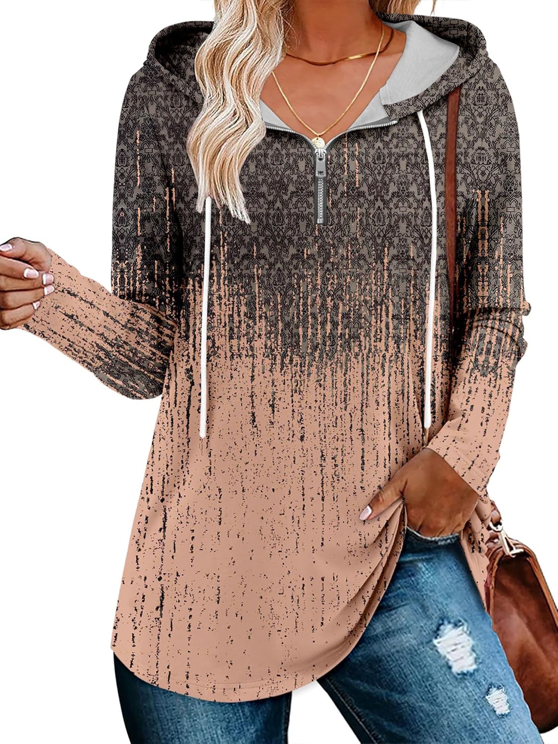 BETTE BOUTIK Womens Quarter Zip Tunic Hoodies Pullover Long Hooded Sweatshirts S-3XL