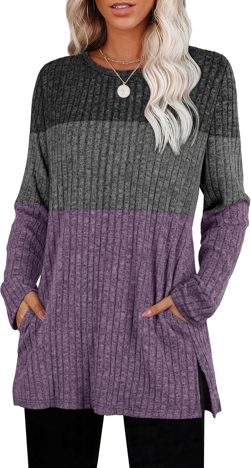 SAMPEEL Womens Sweaters Crewneck Long Sleeve Shirts with Pockets Fall Outfits 2025 Fashion Winter Clothing Side Slit