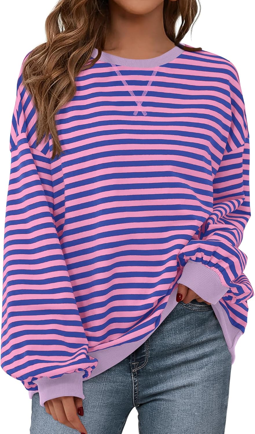 BTFBM Womens Oversized Striped Sweatshirt Crewneck Long Sleeve Pullover Top Casual Y2K Fall Clothes 2025 Workout Shirt