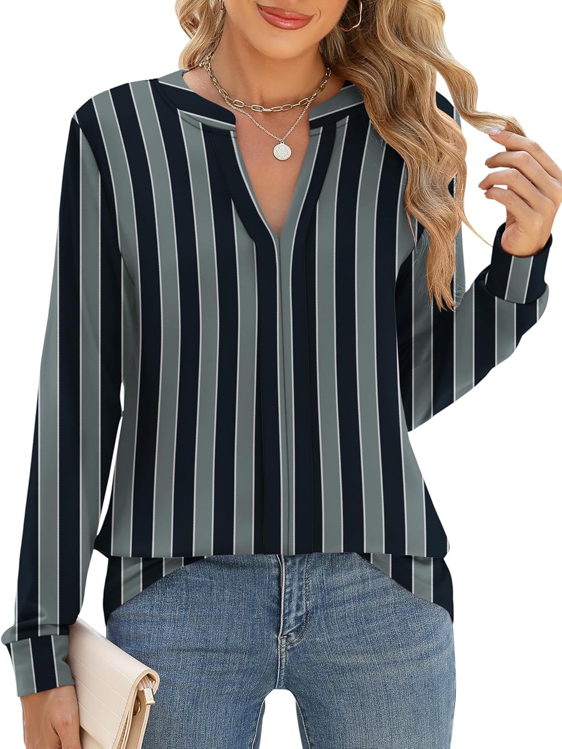 Micoson Womens Tops Dressy Casual Long Sleeve Business Knit T Shirts V Neck Pleated Work Blouses Loose Fall Trendy Clothes