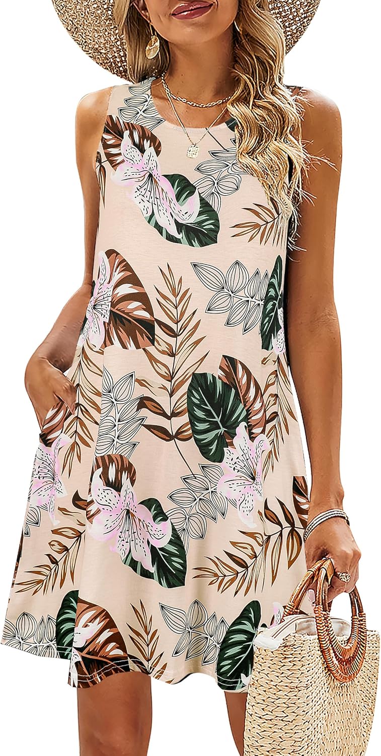 SimpleFun Summer Dresses for Women Beach Floral Tshirt Sundress Casual Pockets Boho Tank Dress