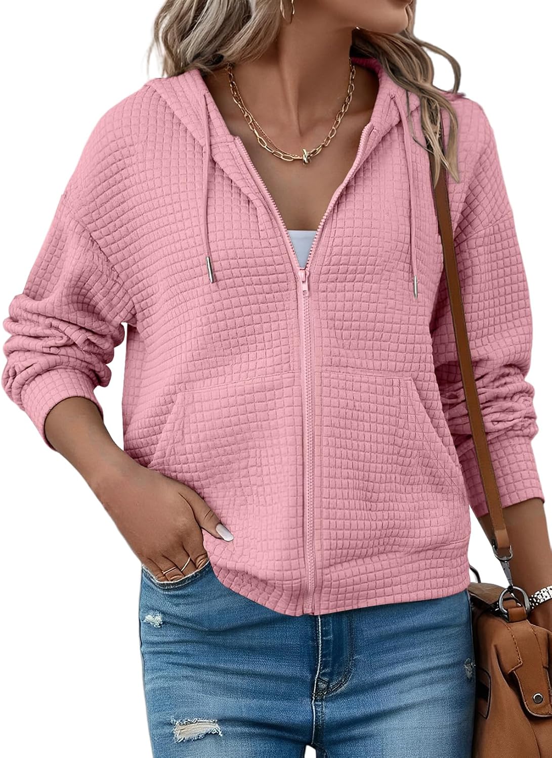 SHEWIN Womens Zip Up Hoodies Oversized Sweatshirt Fall Fashion Outfits 2025 Casual Waffle Hooded Jackets