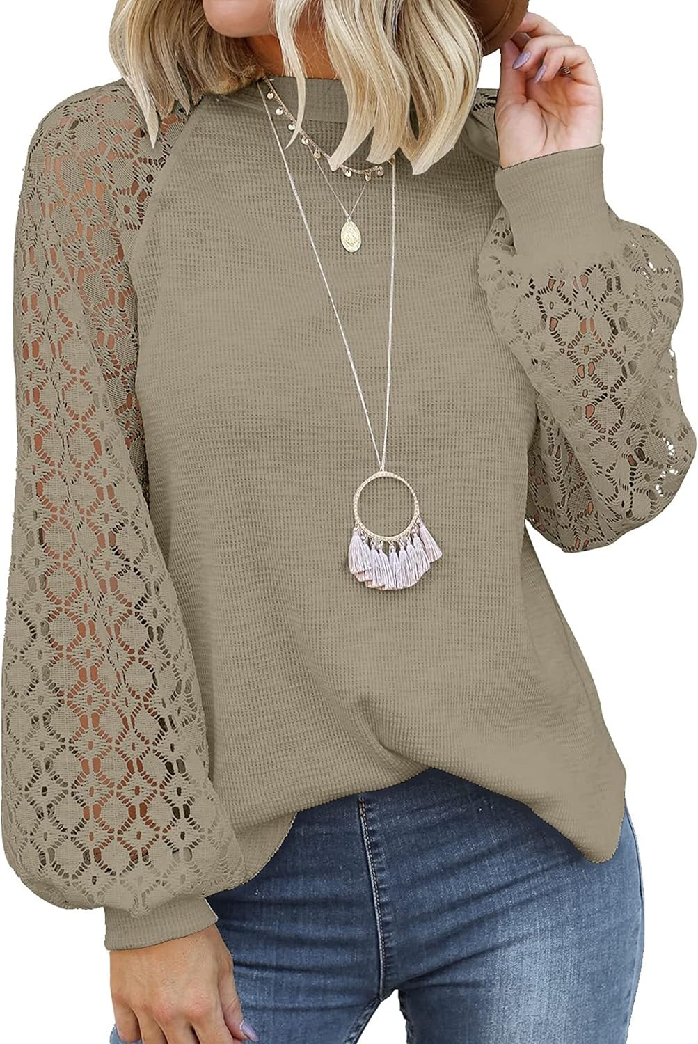 MIHOLL Women’s Long Sleeve Tops Lace Casual Loose Blouses T Shirts