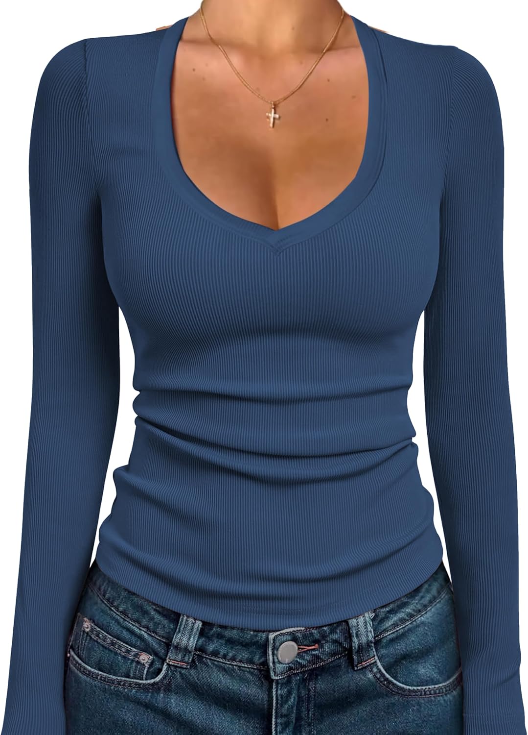 iGENJUN Women Long Sleeve V Neck Shirts for Women Business Casual Work Top Knit Slim Fit for Fall