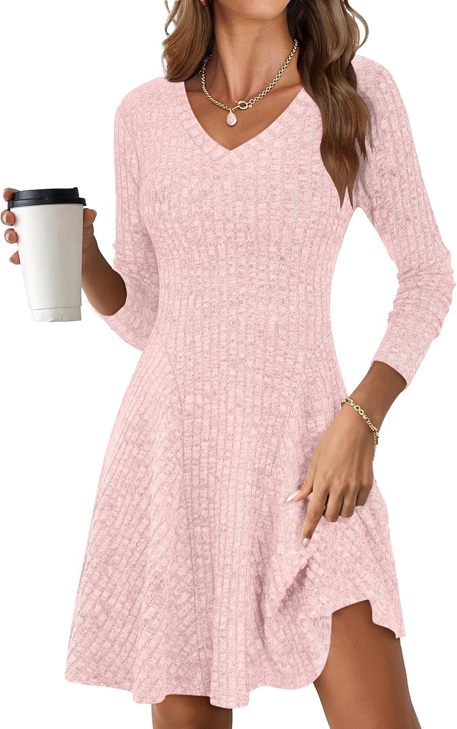 ANRABESS Women Long Sleeve Ribbed Knit Short Dresses 2025 Fall Winter V Neck Casual Swing A Line Sweater Dress