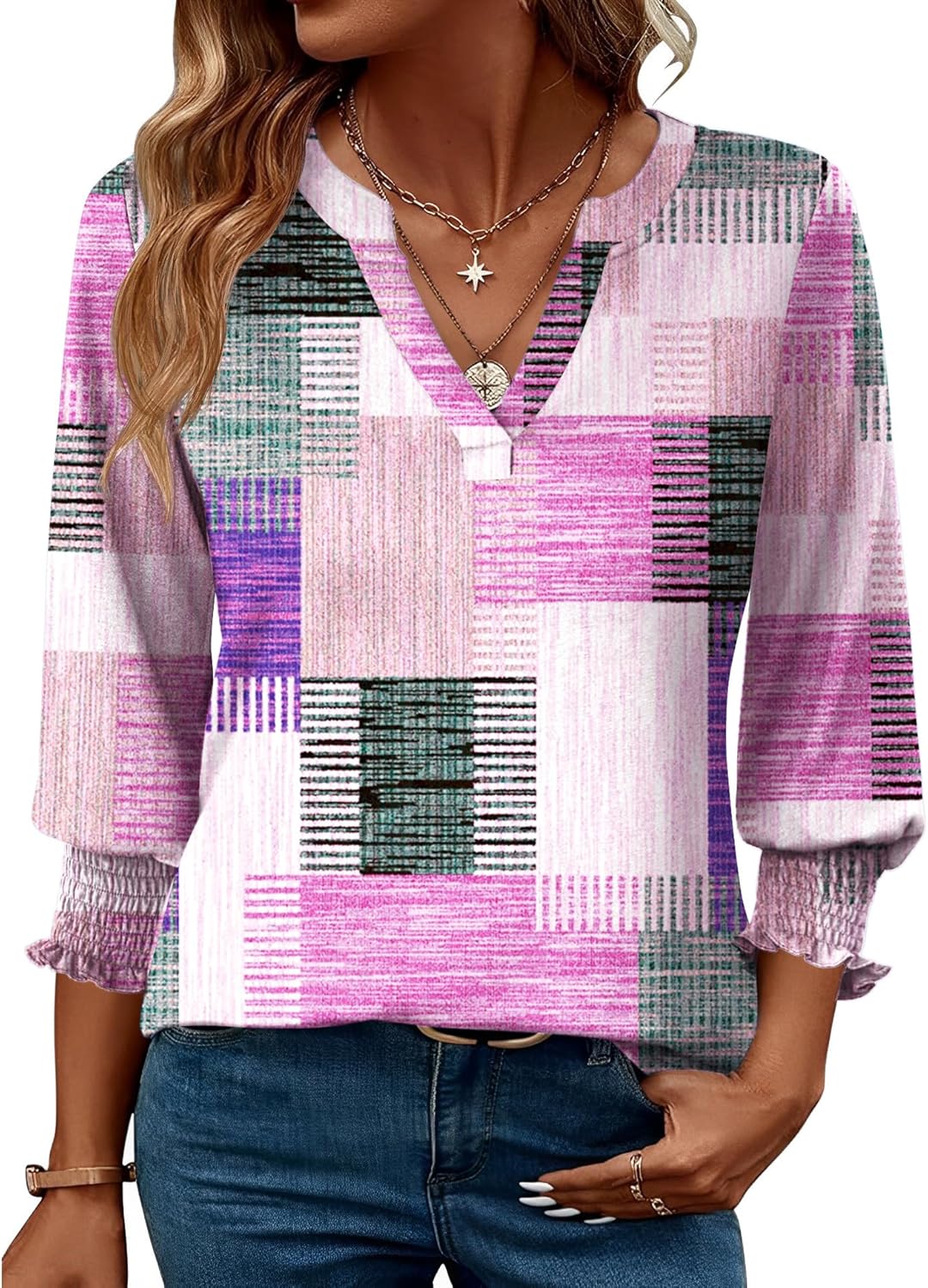 LOMON Women's 2025 Fashion Tops 3/4 Length Sleeve Business Casual Blouses Summer Tees Shirts