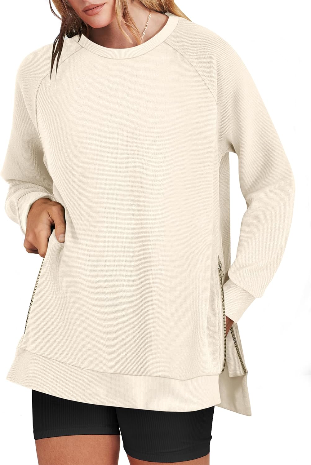 ANRABESS Women's Oversized Sweatshirts Crewneck Long Sleeve Tunic Pullover Shirts Side Zipper Hoodies 2025 Fall Clothes