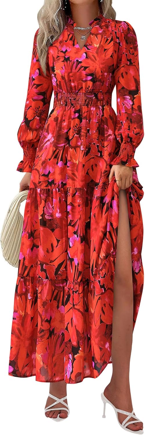 PRETTYGARDEN Women's Floral Maxi Dress 2025 Fall Long Sleeve V Neck Casual A Line Long Flowy Boho Party Dresses