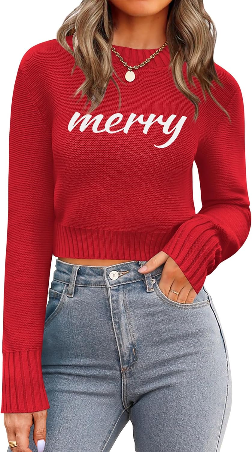 Zeagoo Women's 2025 Fall Crewneck Cropped Sweater Trendy Long Sleeve Ribbed Knit Pullover Jumper Tops