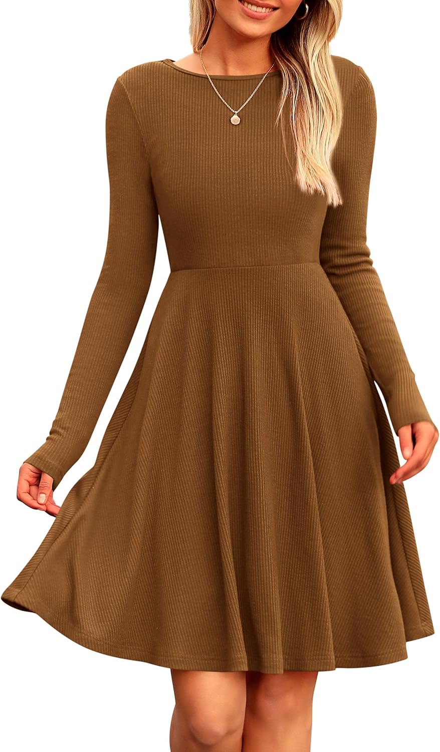 PRETTYGARDEN Women's Fall Short Dress Ribbed Knit Crewneck Long Sleeve A Line Flowy Casual Elegant Going Out Winter Dresses