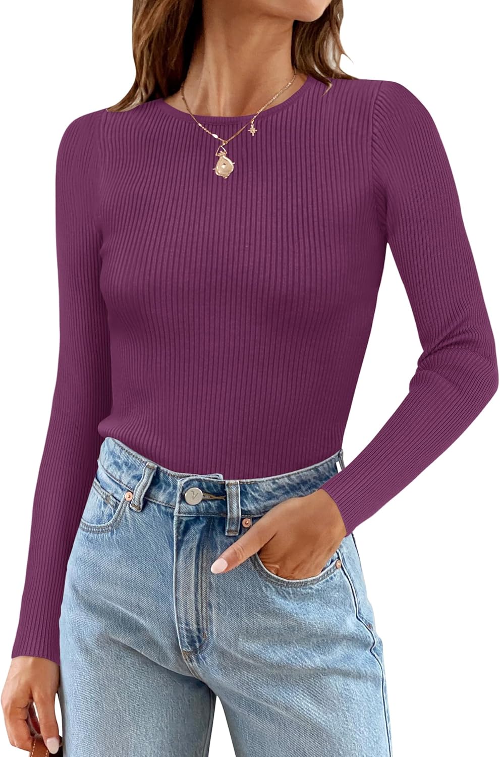 ZESICA Women's Long Sleeve Crewneck Shirts 2025 Fall Ribbed Knit Sweater Slim Fitted Casual Basic Tee Tops