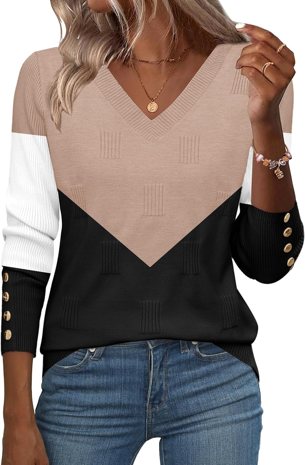 Zeagoo Womens V Neck Sweaters Shirts Long Sleeve Lightweight Ribbed Knit Pullover Sweater Blouse Tops with Buttons Oufits