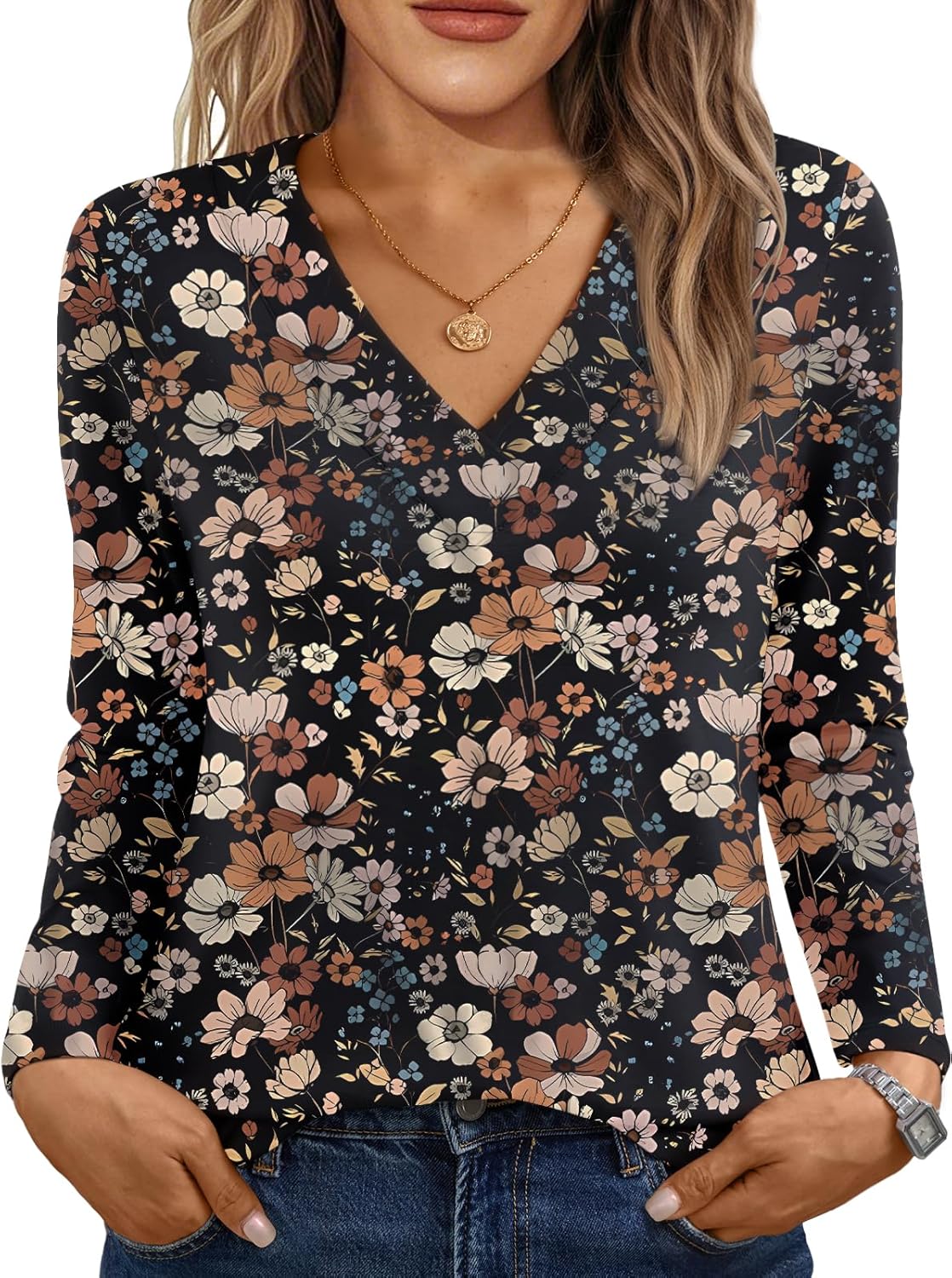 AUTOMET Long Sleeve Shirts for Women Tops V Neck Casual Top Comfortable Shirt Soft Basic Tees Women Blouses