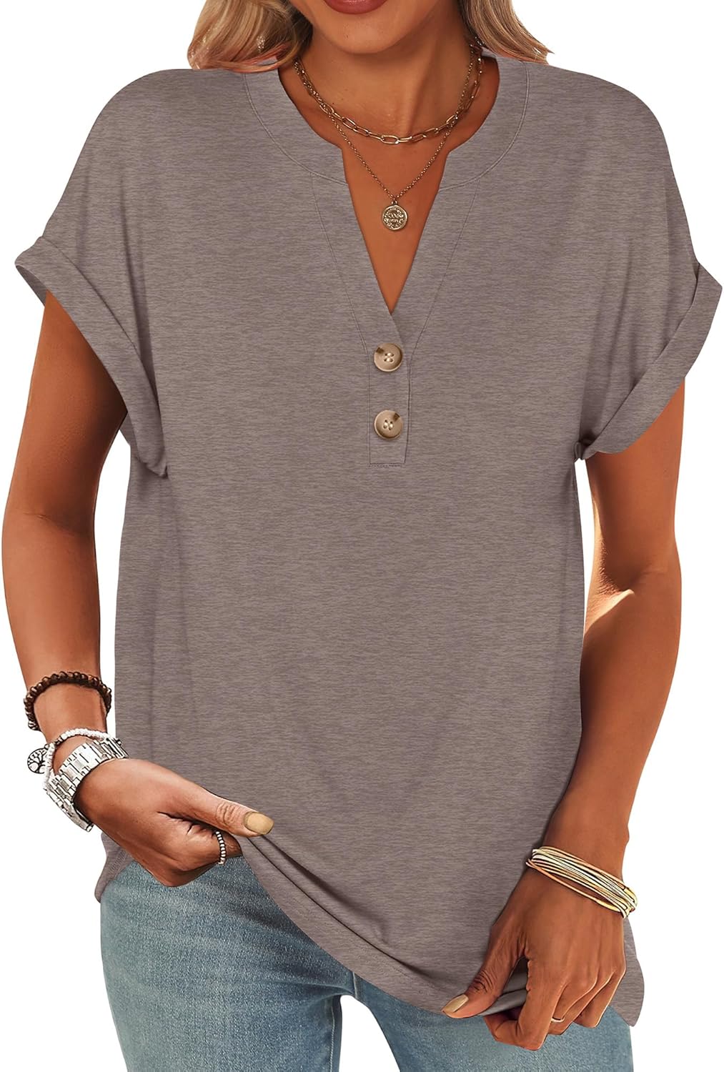 ANRABESS Womens Short Sleeve Henley Tops V Neck Dressy Casual Blouses Summer Trendy Tee Shirts 2025 Vacation Fashion Clothes