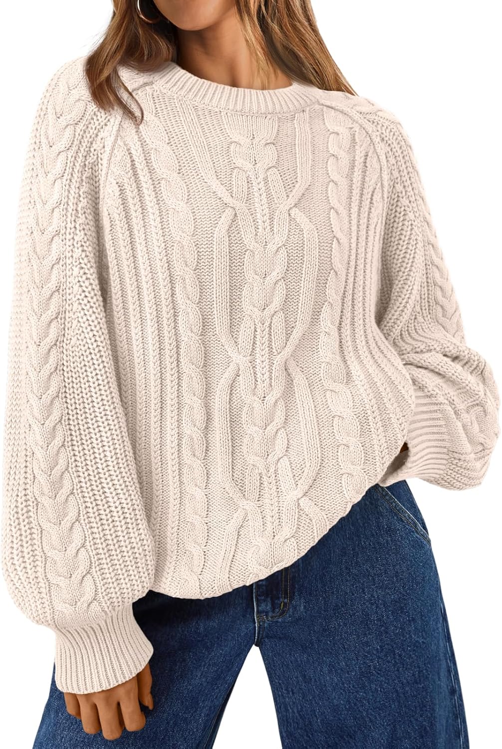 Trendy Queen Women's Oversized Cable Knit Crewneck Fall Pullover Sweaters