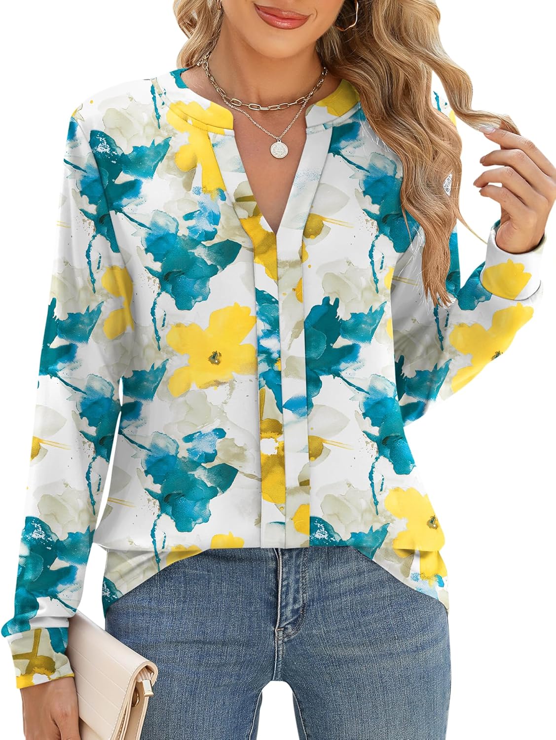 Micoson Womens Tops Dressy Casual Long Sleeve Business Knit T Shirts V Neck Pleated Work Blouses Loose Fall Trendy Clothes