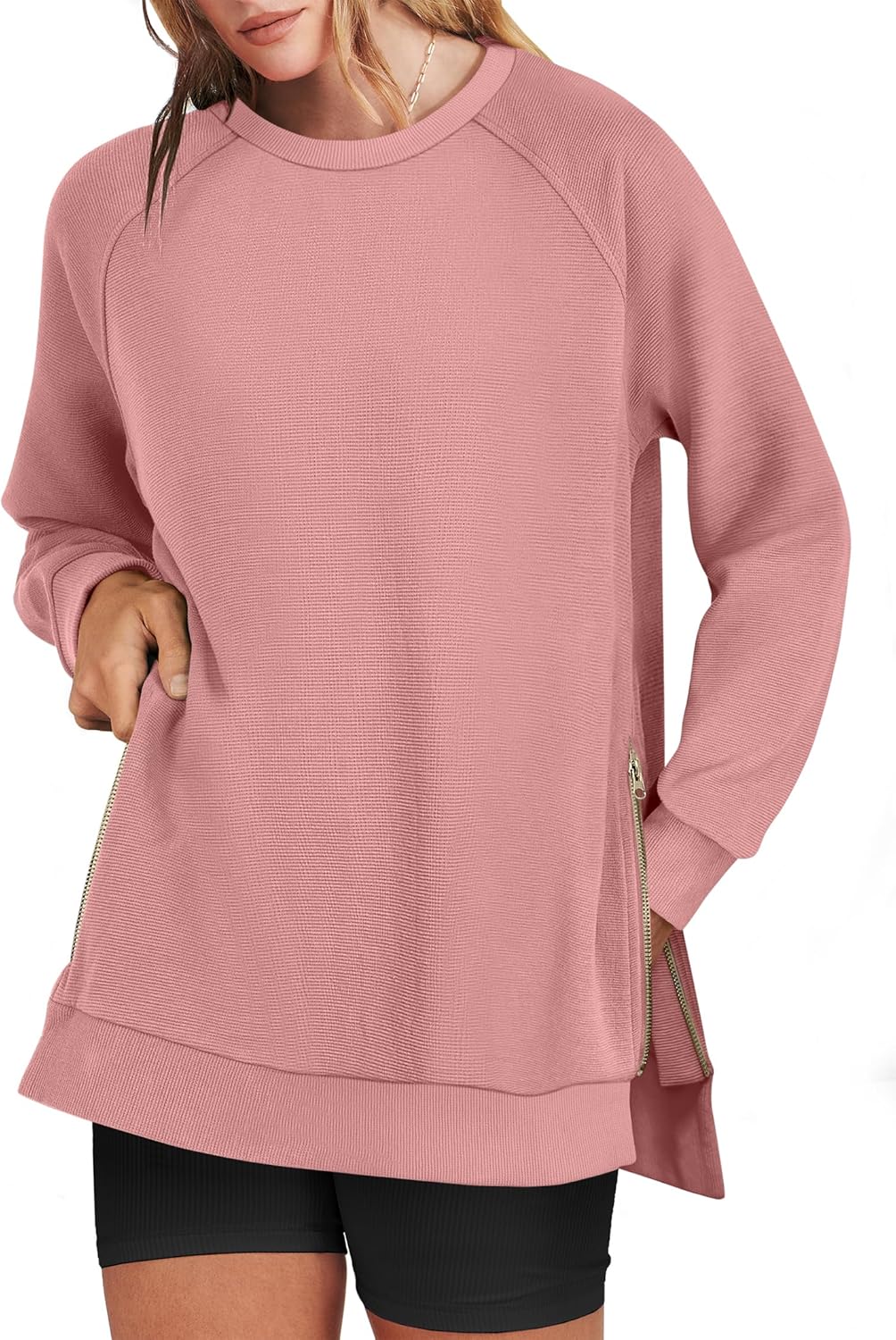 ANRABESS Women's Oversized Sweatshirts Crewneck Long Sleeve Tunic Pullover Shirts Side Zipper Hoodies 2025 Fall Clothes