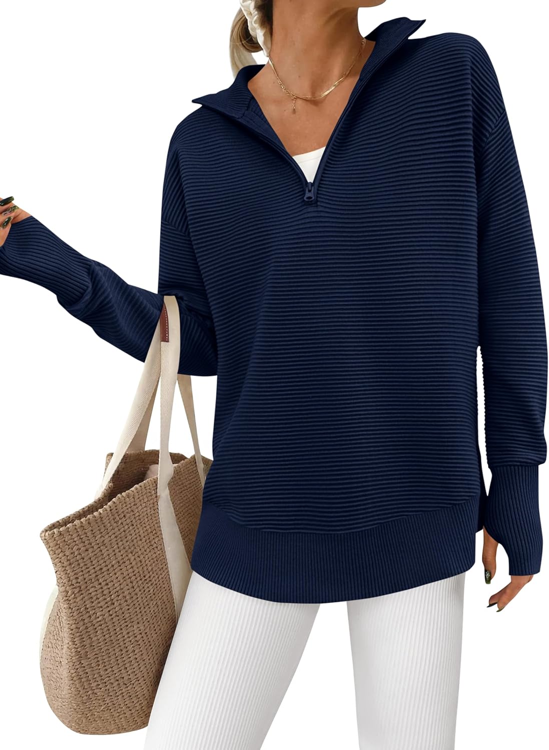 PRETTYGARDEN Womens Long Sleeve Quarter Zip Pullover Sweater Casual Loose V Neck Collared Ribbed Knit Jumper Tops Thumb Hole
