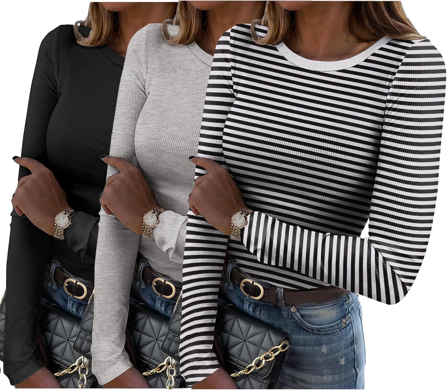 Zeagoo Womens Long Sleeve Stretch Crewneck Ribbed T-Shirt Slim Fit Casual Basic Tops S-XXL