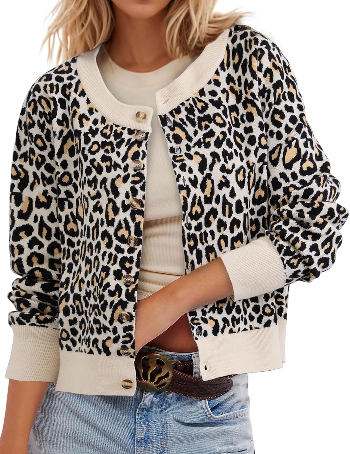Leopard Cardigan Open Front Button Up Sweaters for Women Long Sleeve Shrug Cheetah Print Top Cropped Cardigan Jackets