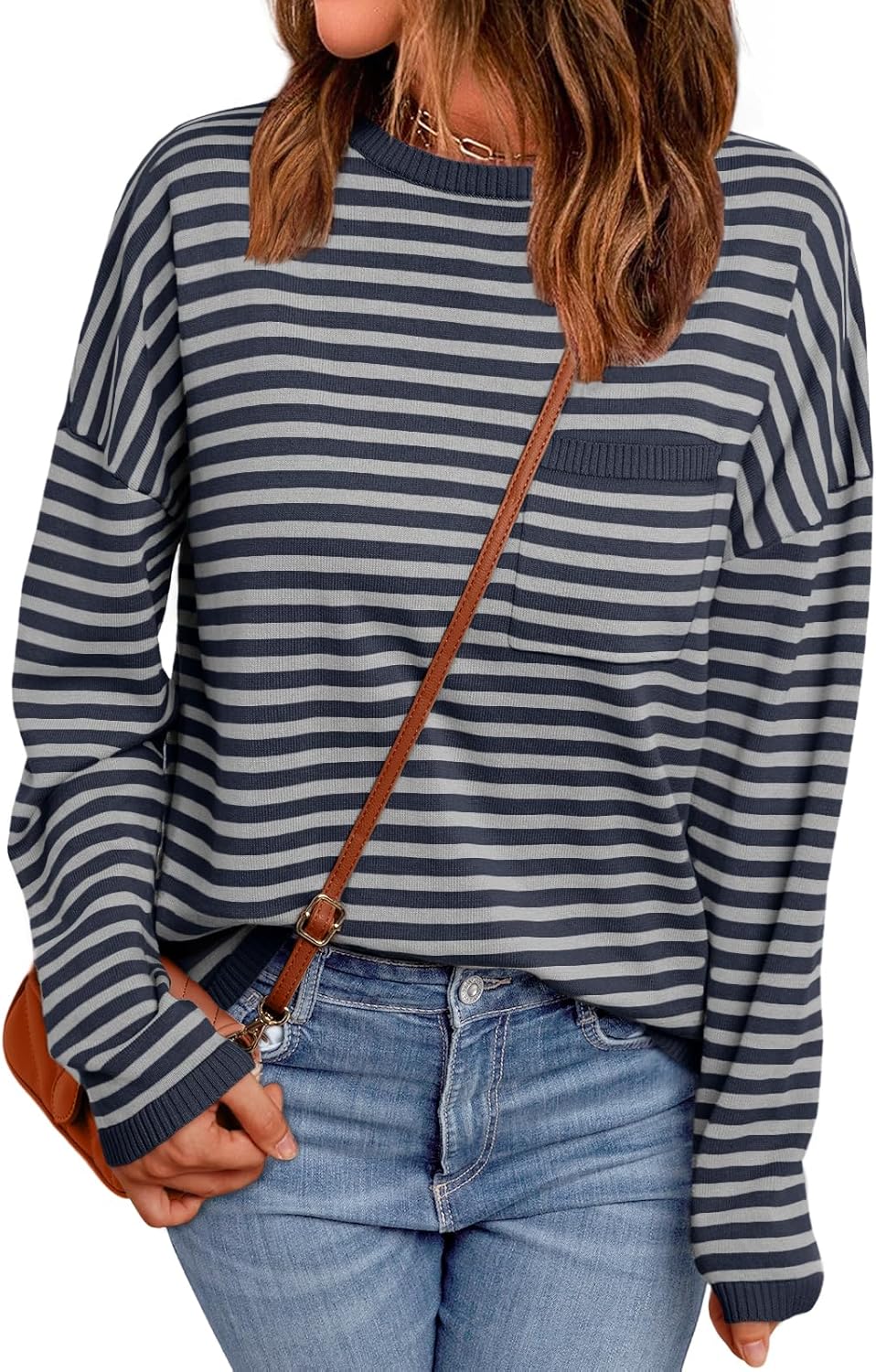 LILLUSORY Womens Striped Soft Knit Pullover Sweater Loose Fit Shirts with Chest Pocket