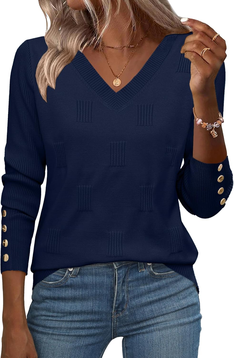 Zeagoo Womens V Neck Sweaters Shirts Long Sleeve Lightweight Ribbed Knit Pullover Sweater Blouse Tops with Buttons Oufits