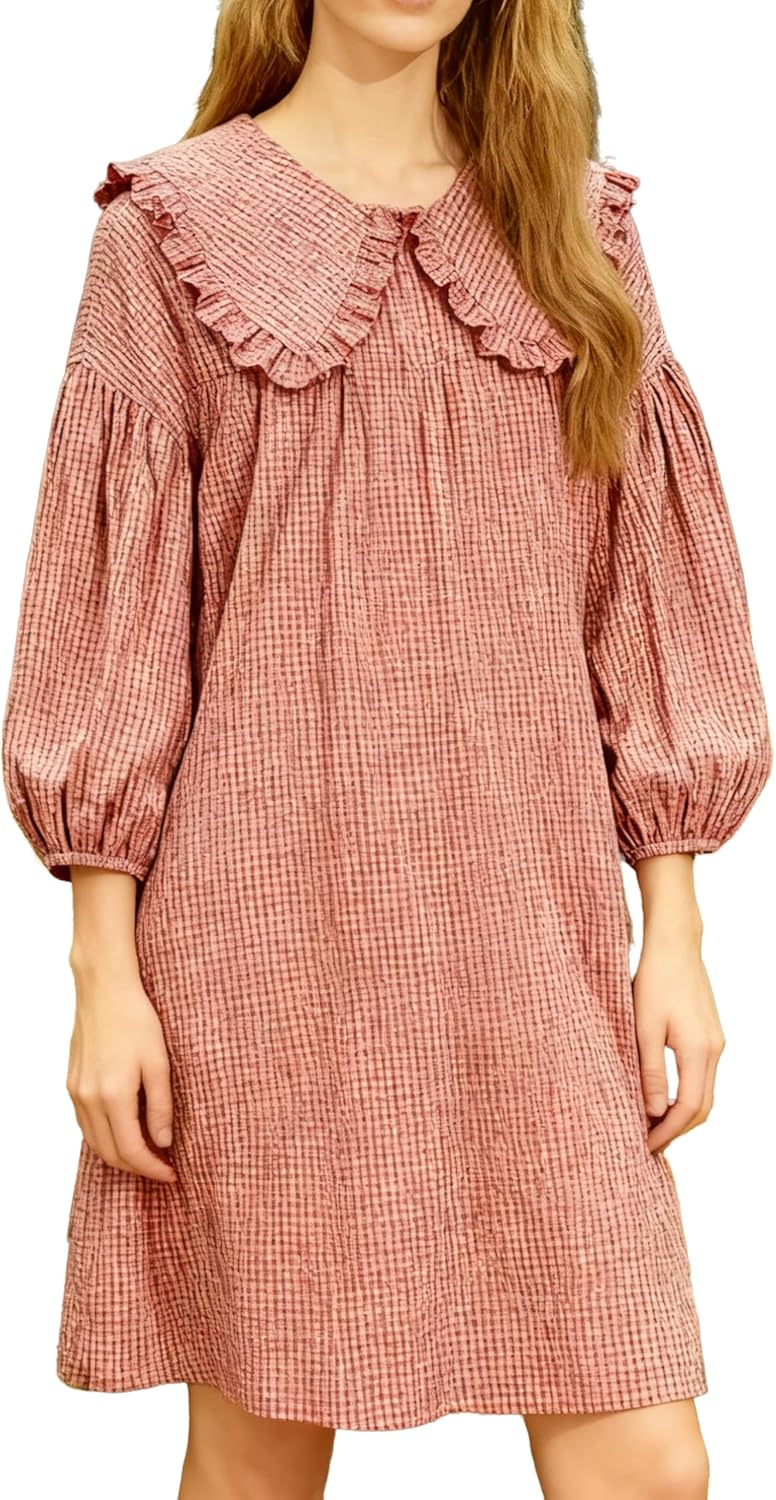 2025 Women's Babydoll 3/4 Puff Sleeve Plaid Mini Dress Lapel Doll Collar Loose Y2k Dress