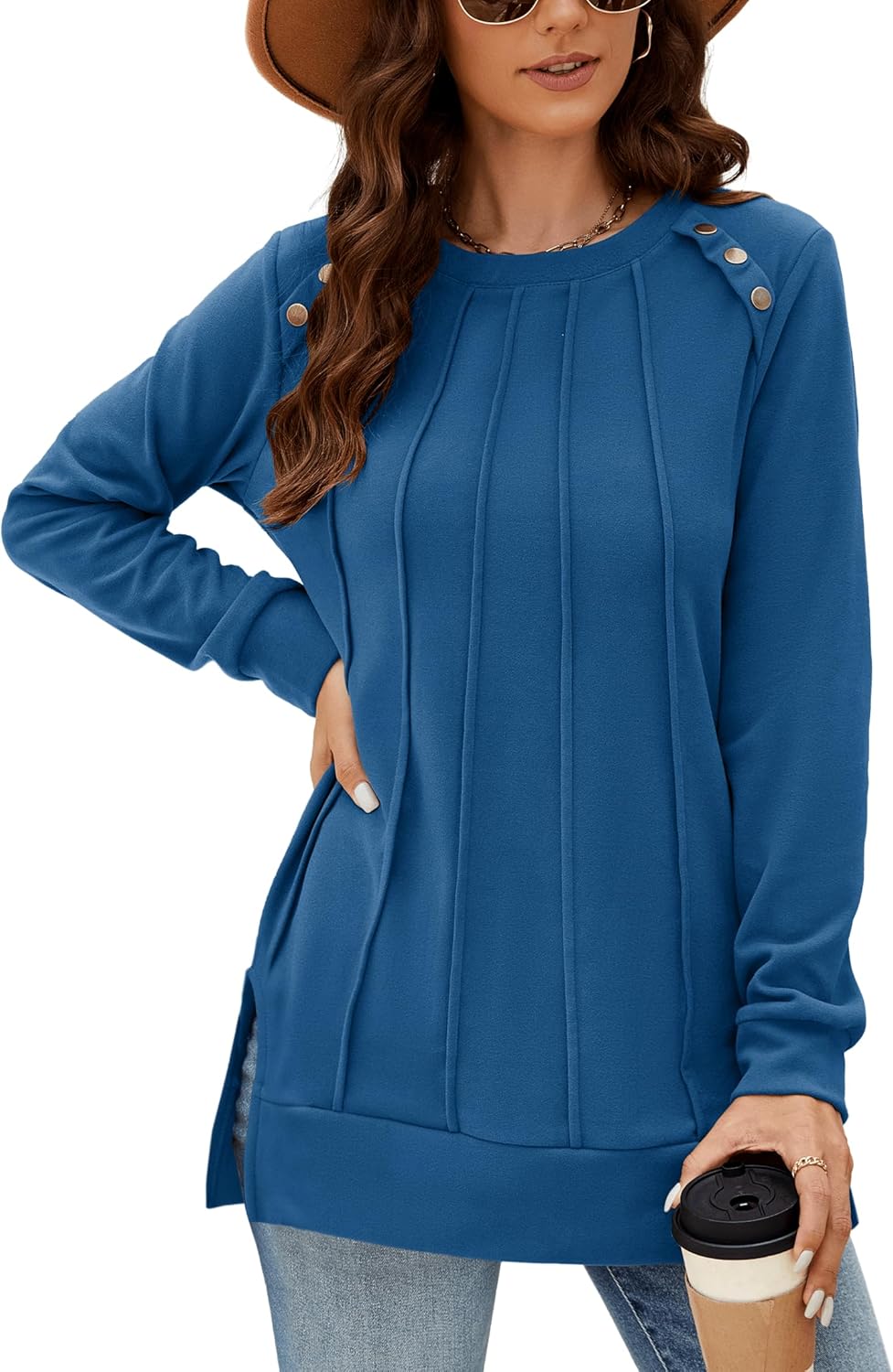 Odosalii Womens Long Sleeve Tops Crewneck Sweatshirts Pleated Front Sweaters Plain Shirts Trendy Side Split Fall Outfits