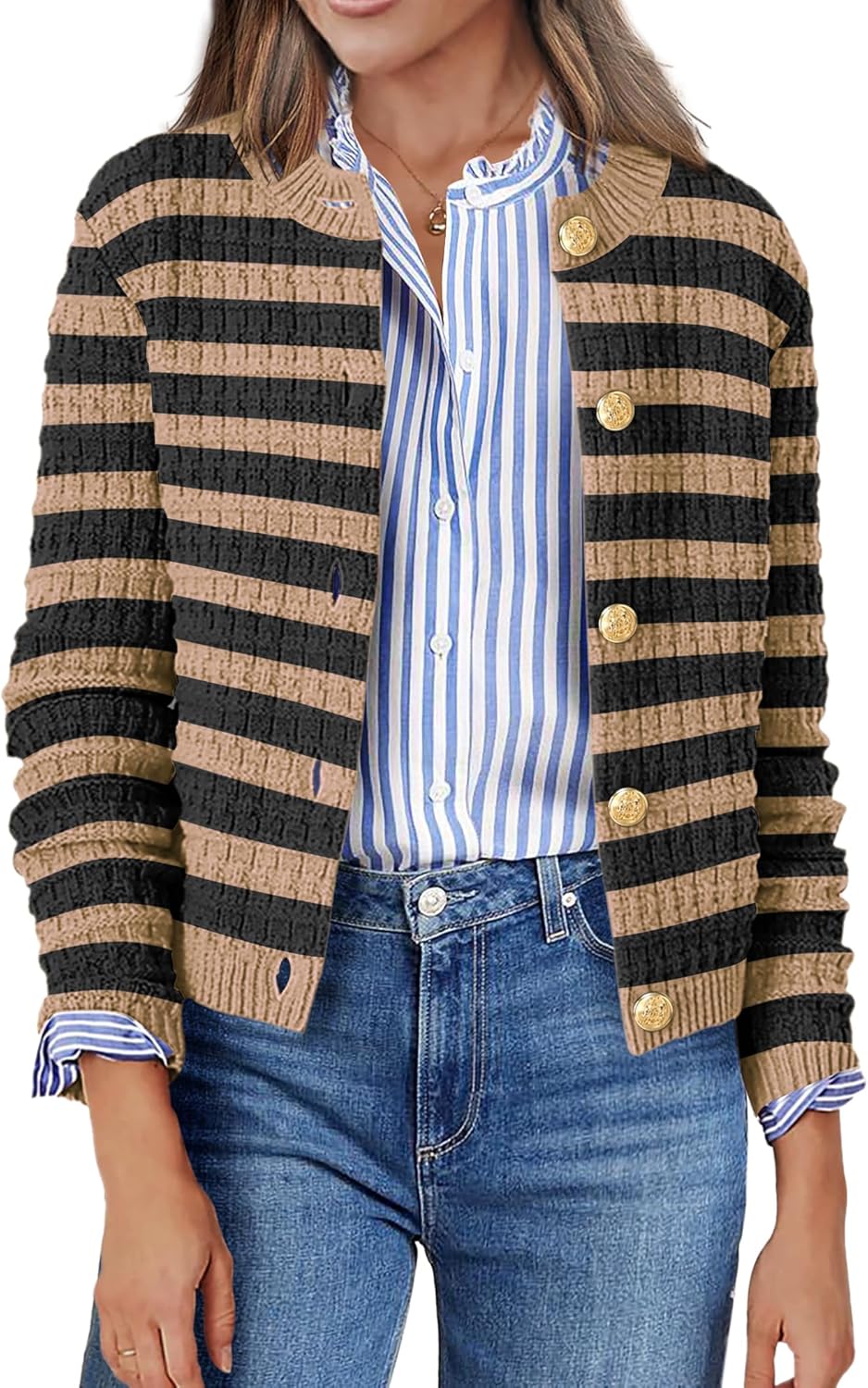 Zeagoo Women's 2025 Cardigan Sweaters Button Down Crew Neck Open Front Long Sleeve Knit Cropped Jackets