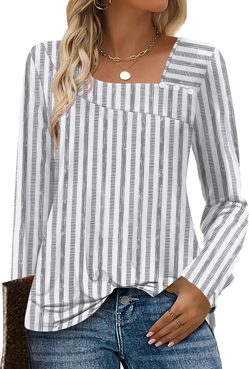 OFEEFAN Long Sleeve Shirts for Women Fall Clothes Asymmetric Square Neck Tunic Tops Decorative Buttons