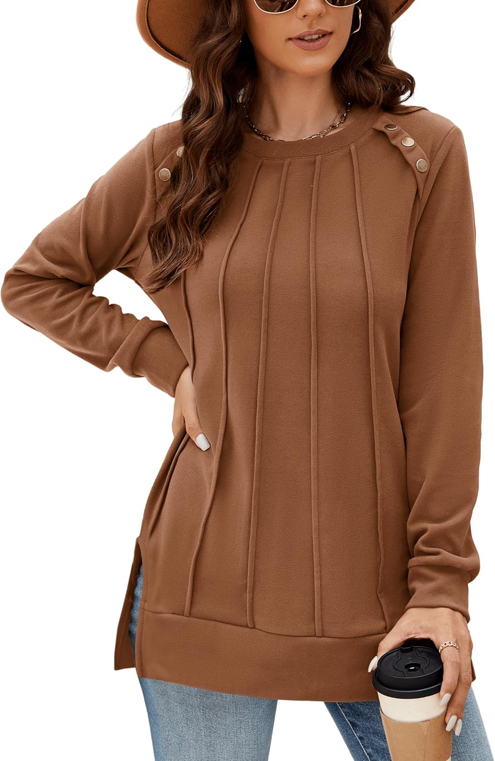 Odosalii Womens Long Sleeve Tops Crewneck Sweatshirts Pleated Front Sweaters Plain Shirts Trendy Side Split Fall Outfits