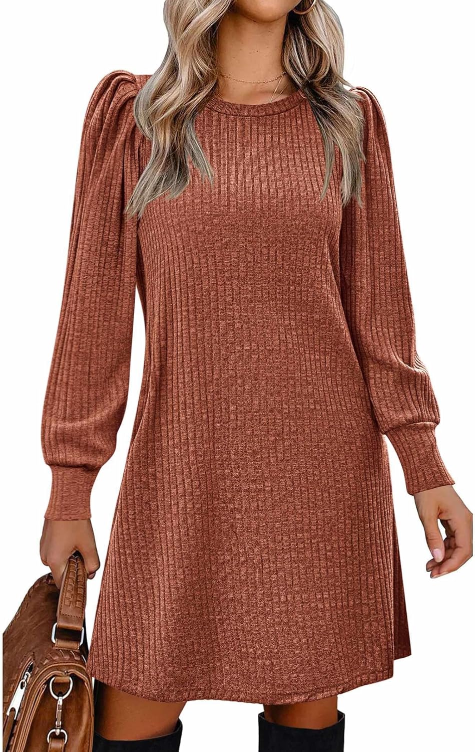 Zeagoo Women's Knit Dress with Puff Sleeves for Fall & Winter - Round Neck Casual Tunic Dress
