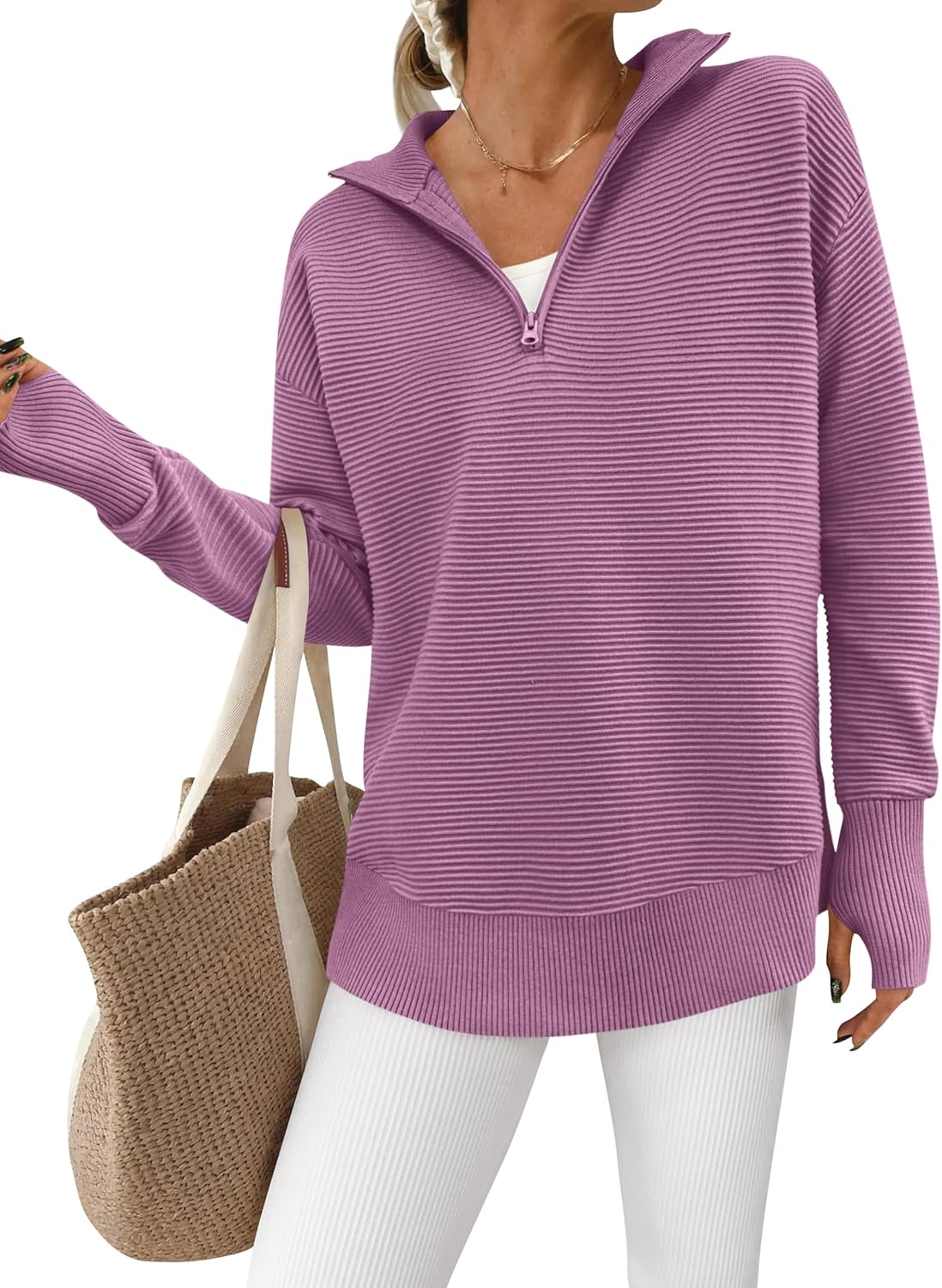 PRETTYGARDEN Womens Long Sleeve Quarter Zip Pullover Sweater Casual Loose V Neck Collared Ribbed Knit Jumper Tops Thumb Hole