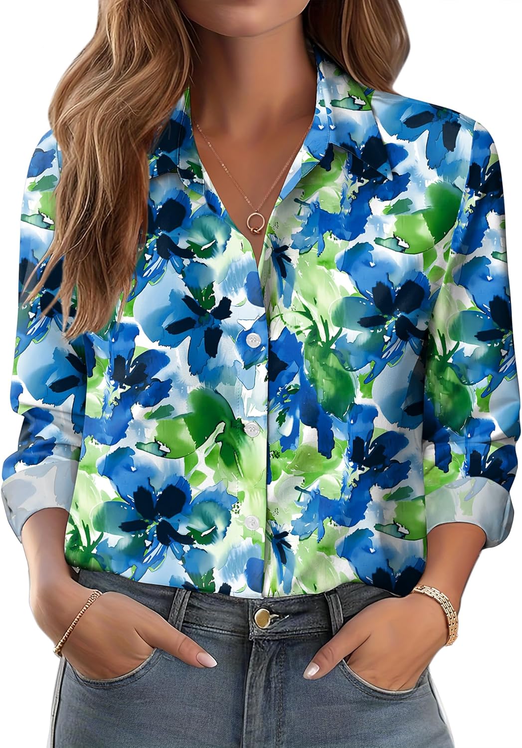 Zeagoo Button Down Shirts for Women Dressy Floral Printed Long Sleeve Blouse Business Casual Work Tops