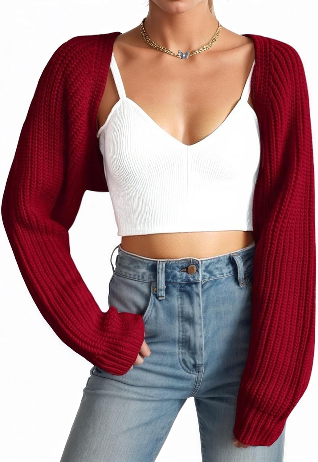 Women Open Front Ribbed Knit Crop Bolero Drop Shoulder Long Sleeve Solid Loose Fit Knitted Crop Cardigan Shrug