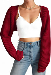 Women Open Front Ribbed Knit Crop Bolero Drop Shoulder Long Sleeve Solid Loose Fit Knitted Crop Cardigan Shrug