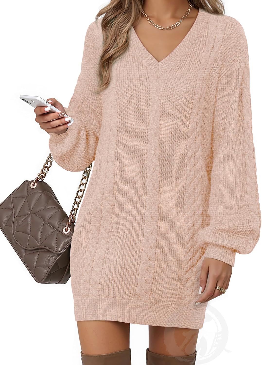Women's Pullovers Jumper Sweaters Lantern Sleeve Casual V Neck Fall Knit Mini Sweater Dresses