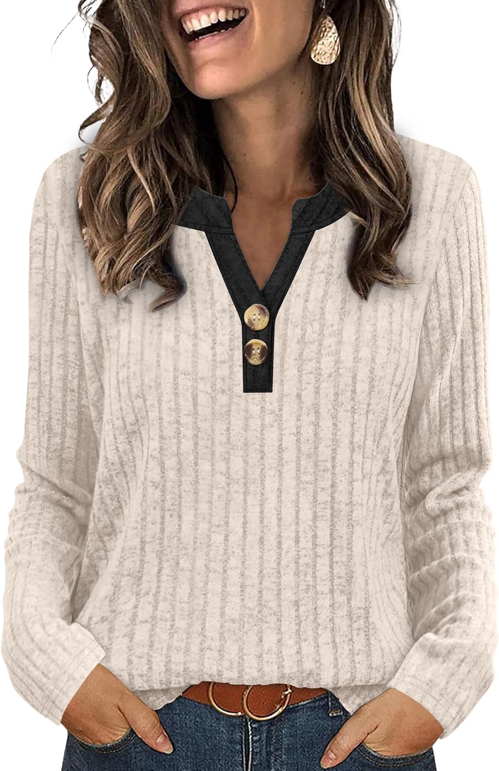 SAMPEEL Womens Sweaters Lightweight Long Sleeve Shirts V Neck Tops with Button Fall Outfits 2025