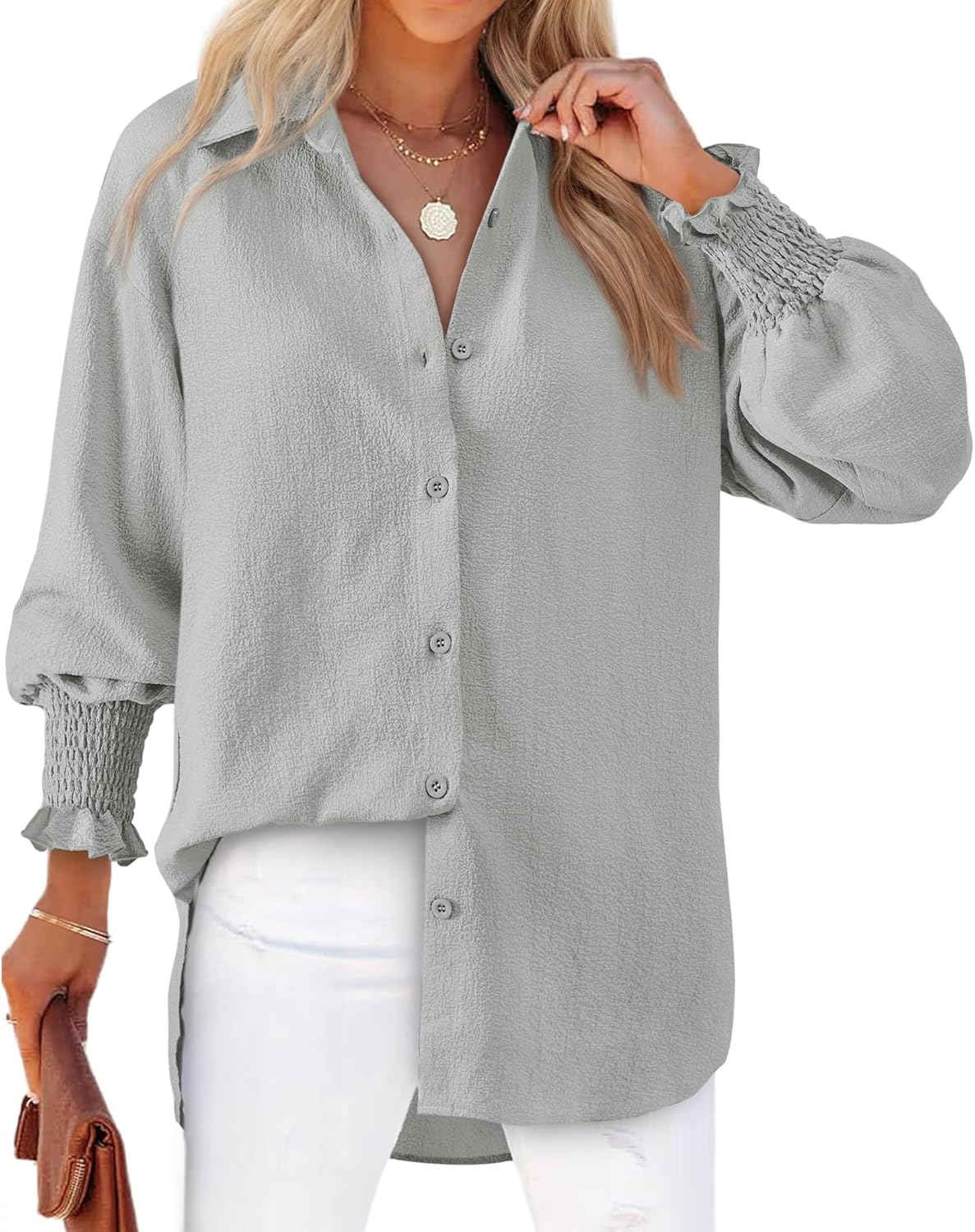 Women's Striped Button Down Shirts Long Sleeve Smocked Cuffed Oversized Boyfriend Blouses Collared Work No Pockets Tops