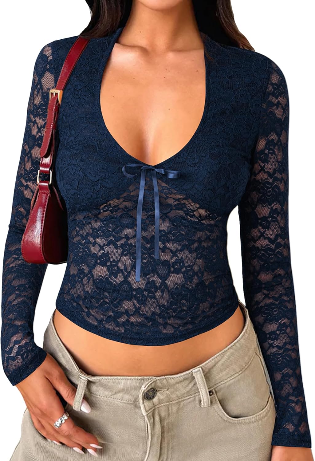 Womens Long Sleeve Going Out Tops Lace V Neck Mesh Crop Shirts Sexy Cute Y2K Fall Trendy Outfits 2025