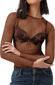 AKEWEI Womens Mesh Long Sleeve Tops Crew Neck Sexy See Through Tee Shirts Party Club Night Lace Blouse