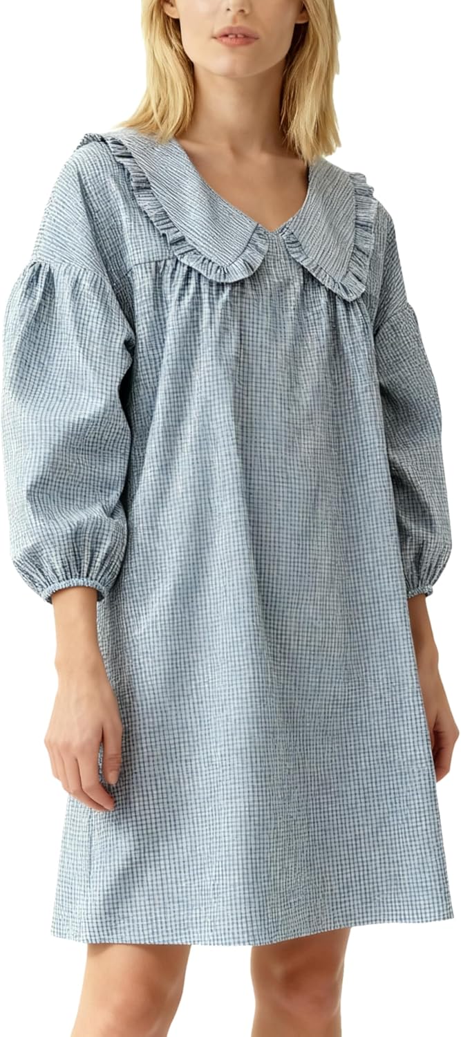 2025 Women's Babydoll 3/4 Puff Sleeve Plaid Mini Dress Lapel Doll Collar Loose Y2k Dress