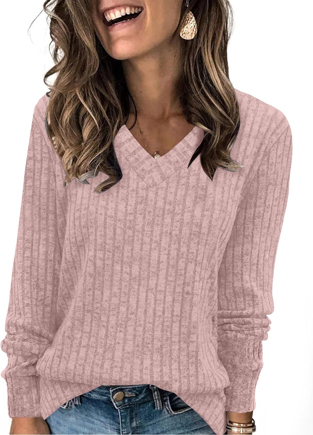 Sampeel V Neck Long Sleeve Shirts for Women Casual Fall Tops Lightweight Tunic Sweaters Fashion Clothes Loose Fit 2025