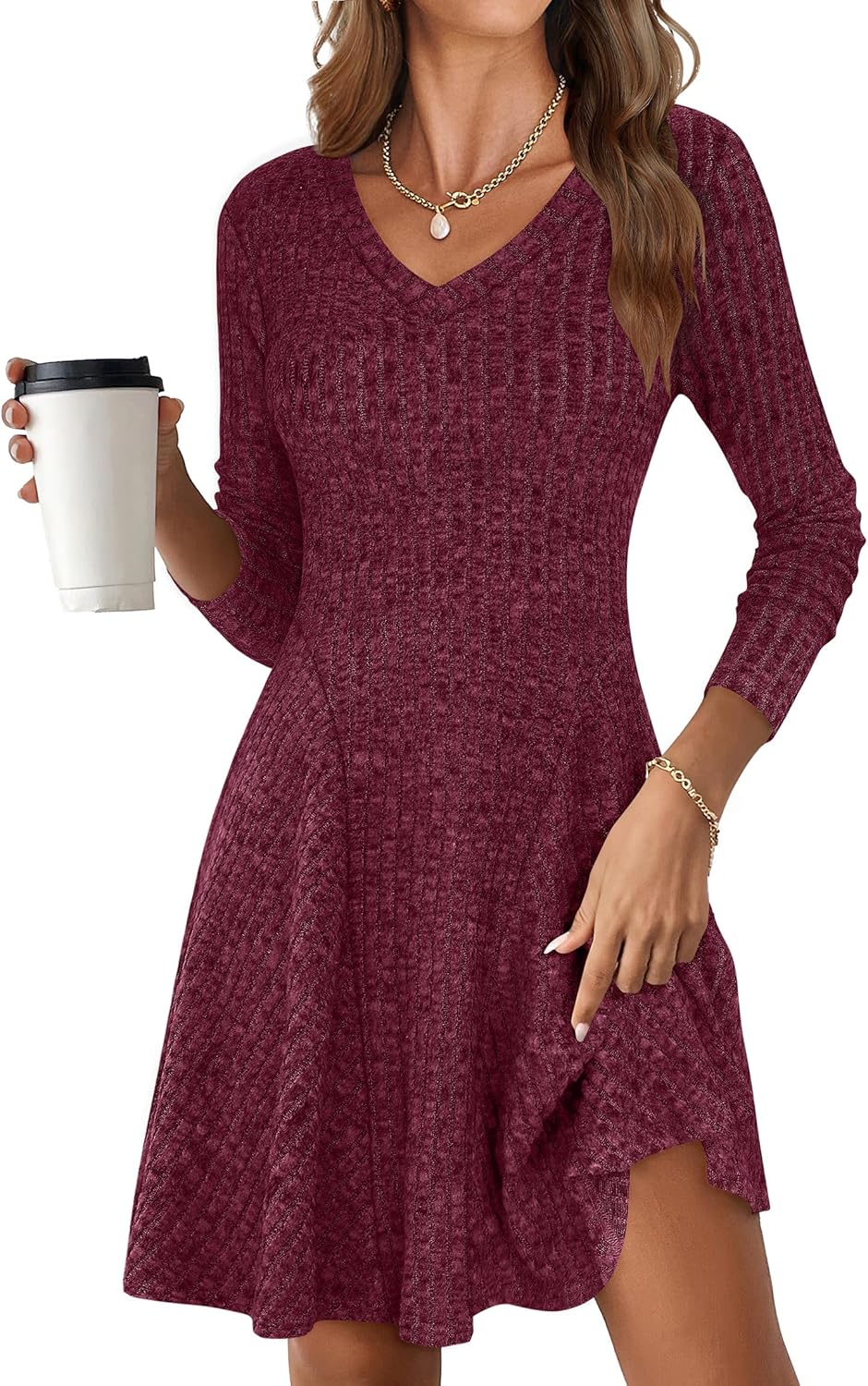 ANRABESS Women Long Sleeve Ribbed Knit Short Dresses 2025 Fall Winter V Neck Casual Swing A Line Sweater Dress