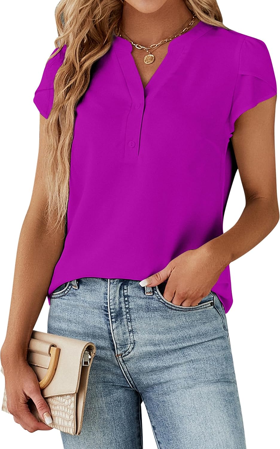 Blooming Jelly Women's Dressy Casual Tops Business Work Blouses White Button Down Shirts Cap Sleeve V Neck Tshirt