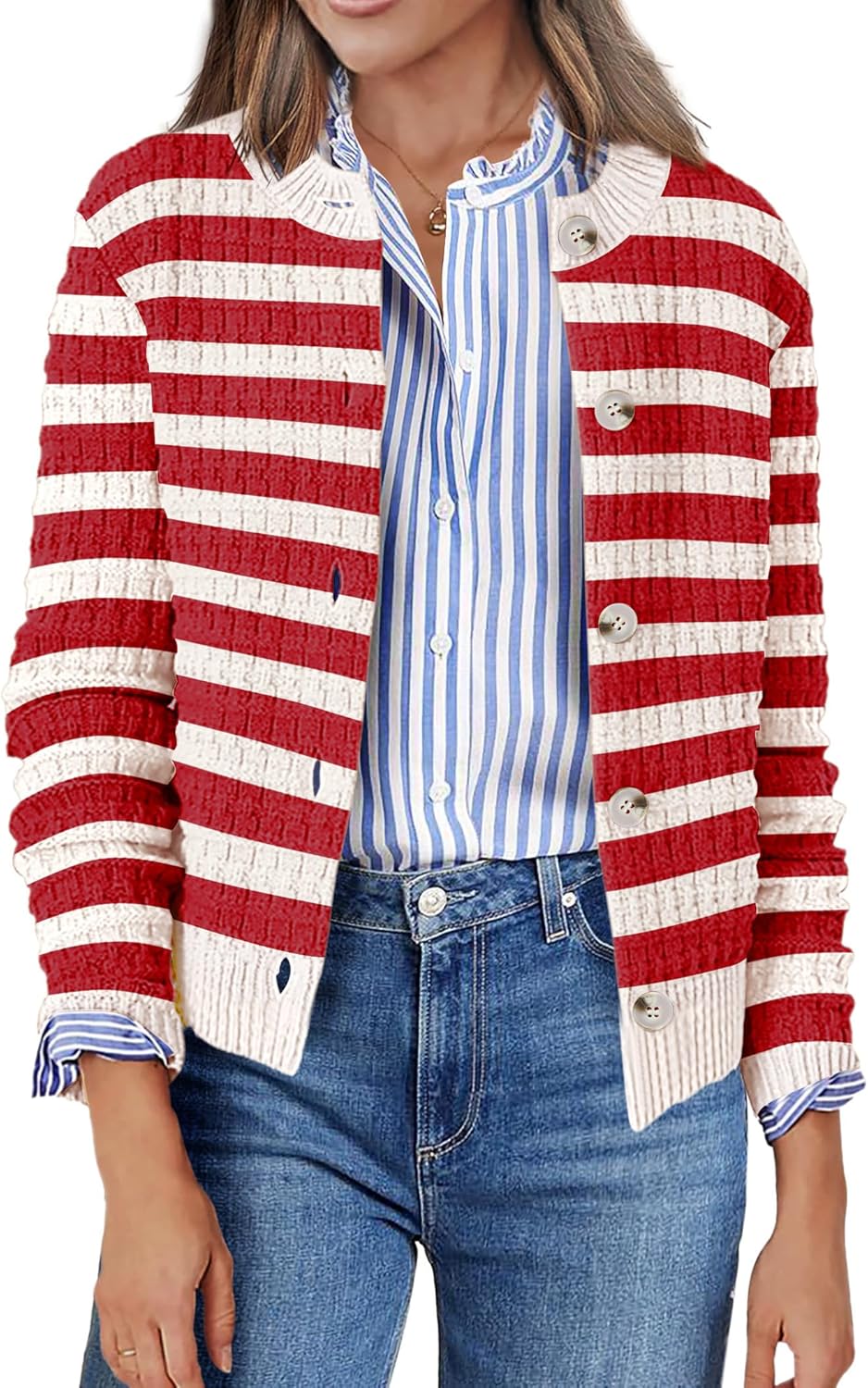 Zeagoo Women's 2025 Cardigan Sweaters Button Down Crew Neck Open Front Long Sleeve Knit Cropped Jackets