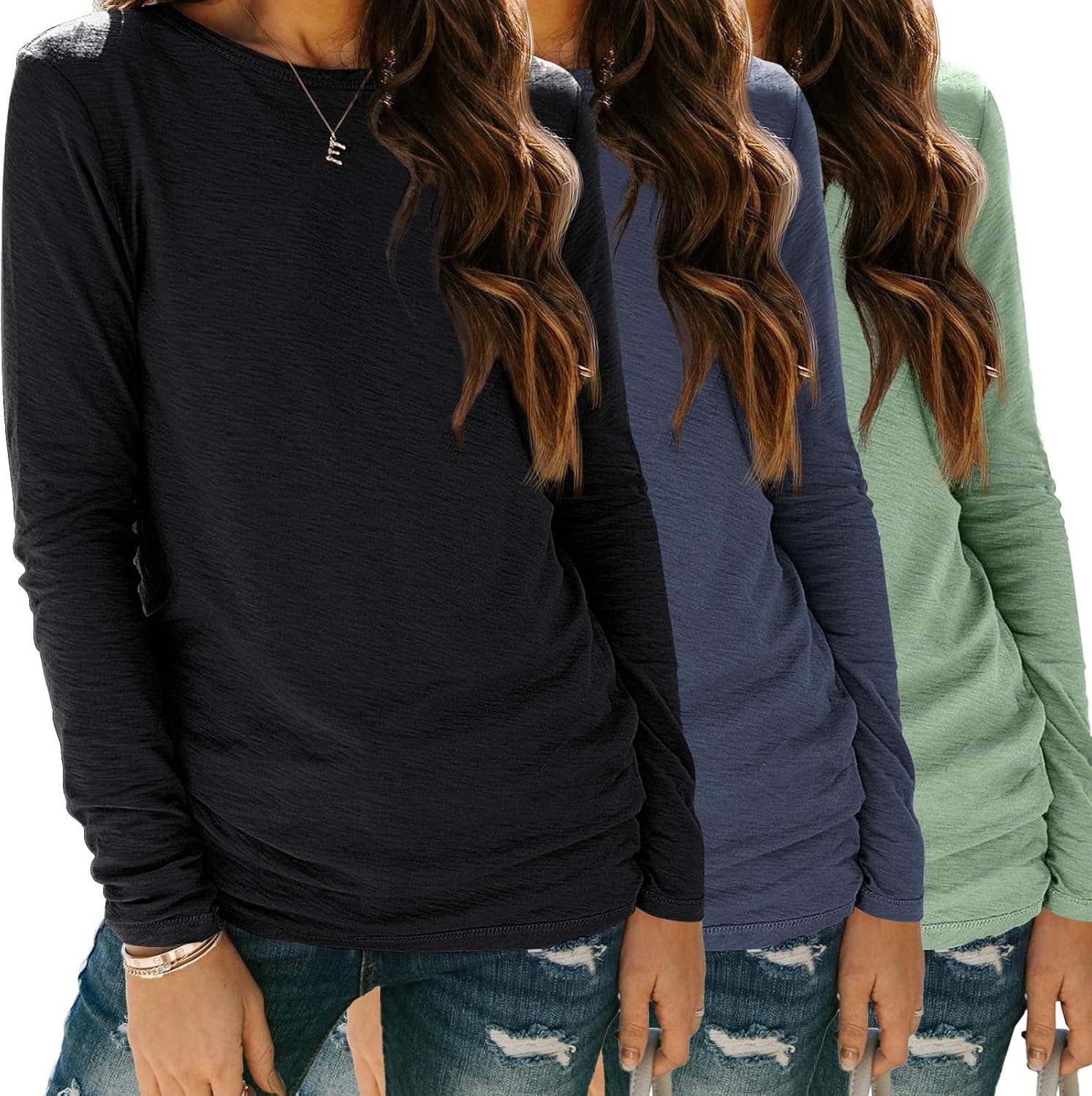 SUNBS Womens 3 Packs Long Sleeve Shirts Loose Fit Fall Tops Fashion Clothes 2025 Basic Workout Tees School Teacher Outfits